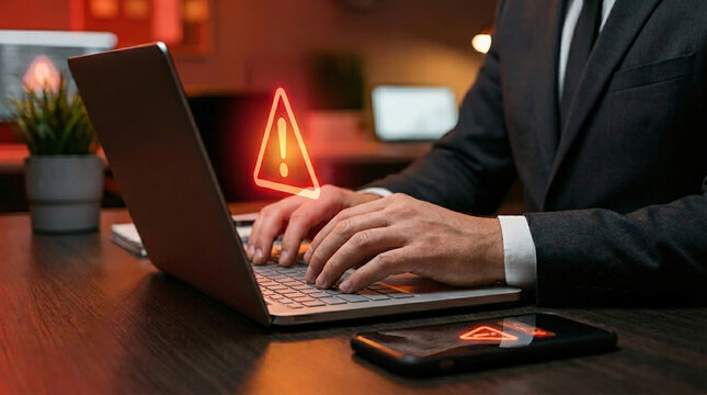 Businessman using laptop with red warning alert triangle hologram, cyber threat error notification and system risk management concept in dark corporate office