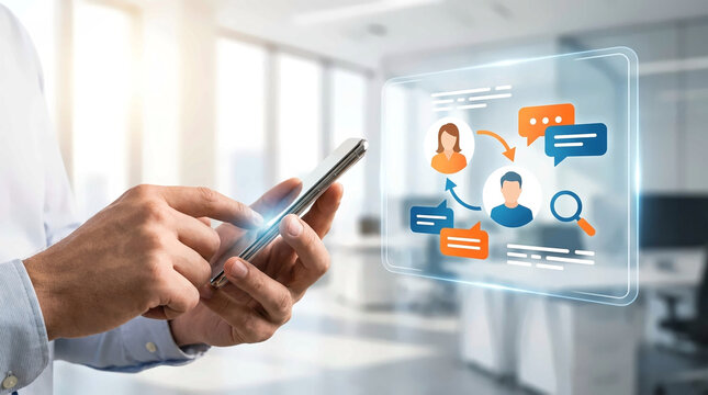 Businessman using smartphone with digital customer communication interface, social media network connection, CRM technology, online chat support and corporate client engagement concept in office