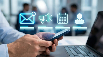 Fototapeta premium Businessman holding smartphone with email megaphone calendar profile hologram, digital marketing communication and campaign scheduling concept in corporate office