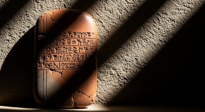 Ancient stone tablet with inscriptions in dramatic lighting