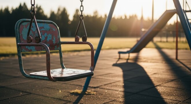 Old Swing Set in Abandoned Playground at Sunset