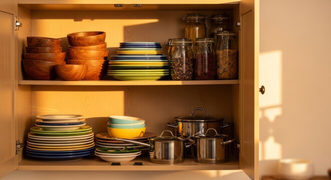Organized kitchen cabinet with dishes and cookware in sunlight