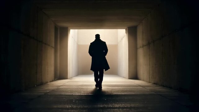 Man walking through a dark tunnel towards the bright exit light. Silhouette of a mysterious person moving into the distance. Cinematic concept of new beginning.