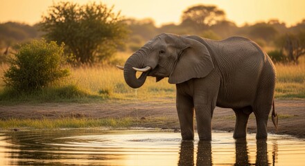 Fototapeta premium Majestic elephant drinking from serene waterhole at sunset