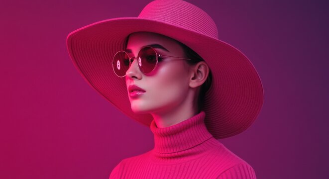 High Fashion Portrait of Woman in Pink Hat and Neon Lighting