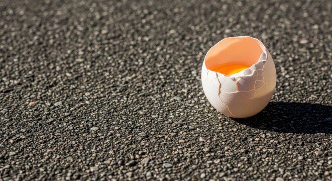Cracked egg shell on textured asphalt surface in sunlight