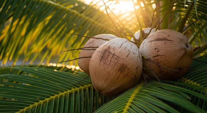 Fresh coconuts nestled among palm leaves in tropical sunlight