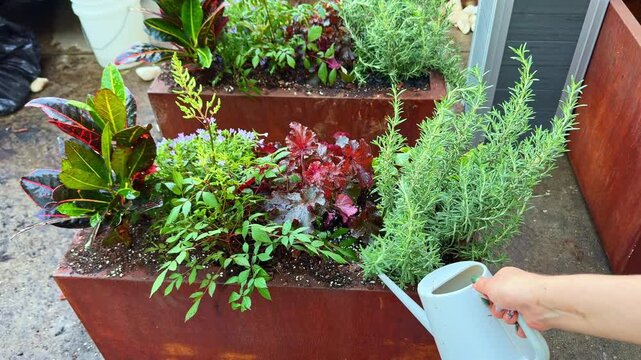 A hand holds a watering can to water plants in a garden box. The box is filled with small herbs and colorful plants. It is daytime and the garden is located in an urban area.