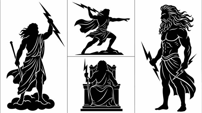Zeus Silhouette Vector Set Greek God Lightning Poses in Clean Grid Layout