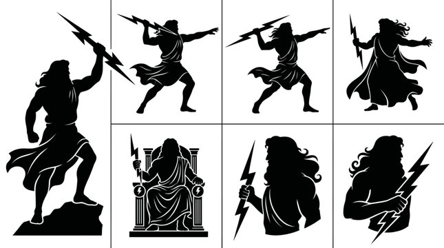Zeus Silhouette Vector Set Greek God Lightning Poses in Clean Grid Layout