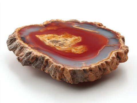 Petrified wood transforming into red agate, showing geological cross section and ancient mineral texture on white