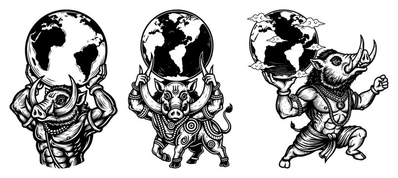 Varaha Avatar Vishnu Boar God Holding Earth Globe Vector Set, Hindu Mythology Character Illustration, Sacred Indian Religious Art