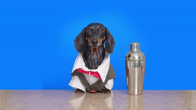 A dachshund dog bartender commands the counter beside a silver shaker on blue background, dead serious about mixology, the coolest tiny professional in the bar.