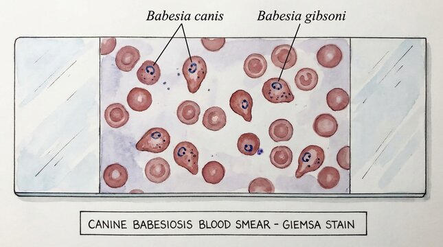 Microscopic view of a canine babesiosis blood smear, stained with Giemsa, revealing Babesia canis and Babesia gibsoni parasites within red blood cells.