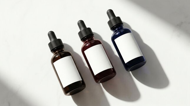 Three small dark glass bottles with dropper lids and white labels are arranged on a white surface
