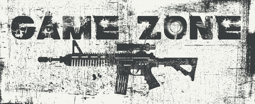An iron wall sign with rusty bolts reading "Game Zone". Grunge Typography Poster, Gaming Club Banner, Dark Gamer Room Wall Art with machine gun, optical sight.
