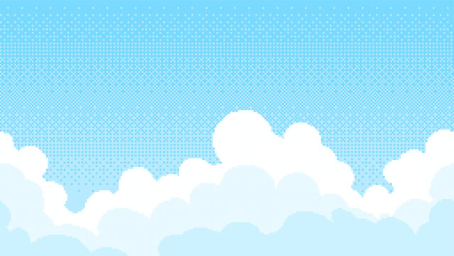 Pixel art blue sky with soft white clouds. Retro digital landscape background in Y2K aesthetic style. Computer game scenery element inspired by classic 90s vintage graphical interface.
