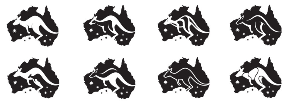 icons collection with jumping kangaroo against background on map of Australia