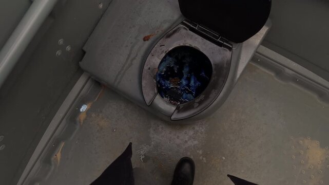 Maintenance near toilet viewed in high detail. Repair activity inside maritime bathroom captured in slow motion