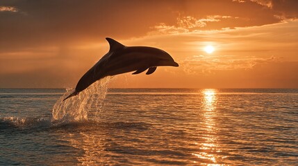 Fototapeta premium Single dolphin jumping out of ocean at dramatic golden sunset with sun and clouds on horizon