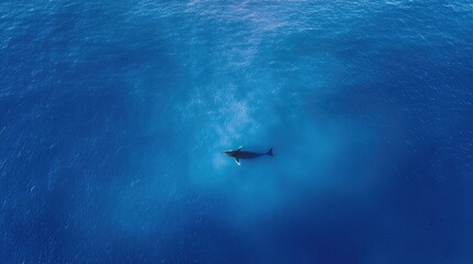 Naklejka premium Aerial top-down drone view of tiny faint whale shadow deep below dark blue ocean with light rays