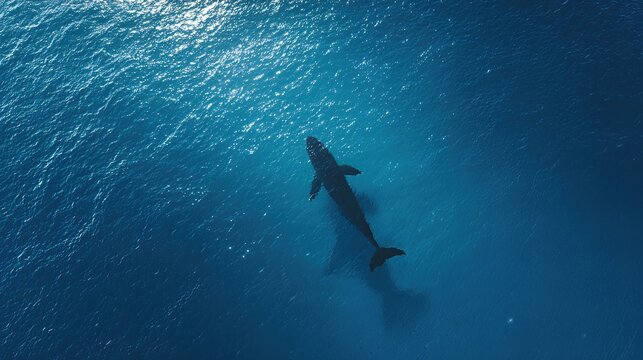 Aerial top-down drone view of dark shadow of single whale swimming beneath deep blue ocean surface