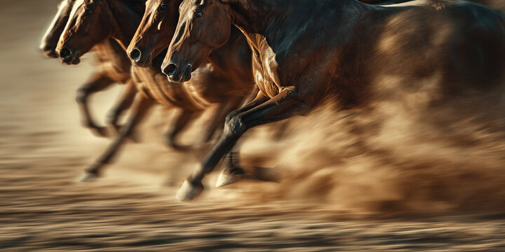 Thoroughbred galloping horses motion blur effect for equestrian sports competition dynamic speed and powerful animal energy