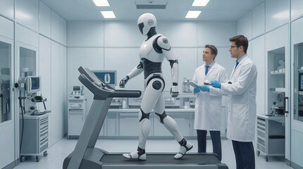 Fototapeta premium Scientists monitoring bipedal robot walking on treadmill during performance testing in high-tech laboratory. Robotics engineers conducting motion analysis for artificial intelligence development.