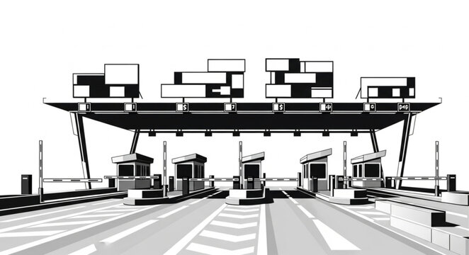 Modern Toll Booth Collection Station on a Highway.