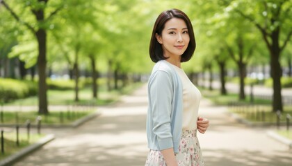 Fototapeta premium 春のデートで新緑の並木道に佇み微笑みかける上品な大人女性