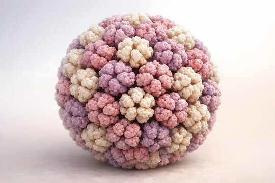 High resolution scientific visualization of human papillomavirus (HPV), showing the detailed viral capsid structure, used in medical education, vaccination awareness and virology research.