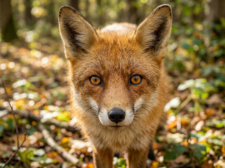 Fototapeta premium Red fox portrait in a sunny autumn forest