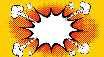A comic book-style explosion with orange and yellow hues bursts outward with white clouds on a vibrant yellow background. © John