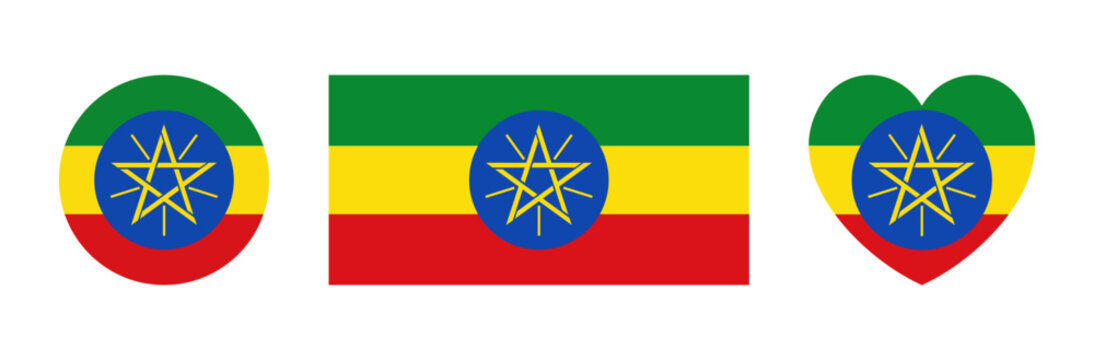 National flag of Ethiopia heart, circle, rectangle badge, symbol, banner. Ethiopia flag round, heart, rectangular icon, sticker. Ethiopia flag button, sign.
