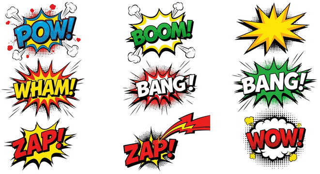 Comic book explosion sound effects appear in a vibrant digital illustration
