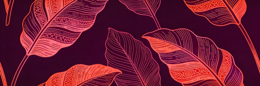 Tropical leaves pattern in red and purple tones on dark background, botanical art.