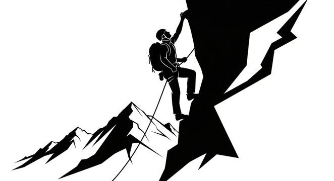 Silhouette of a climber scaling a steep rocky mountain peak.