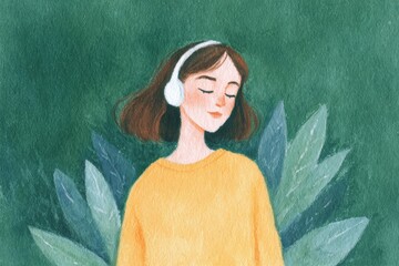 Obraz premium A woman wearing a yellow dress and headphones with her eyes closed and a peaceful expression on her face. she is surrounded by lush green leaves creating a tranquil atmosphere.