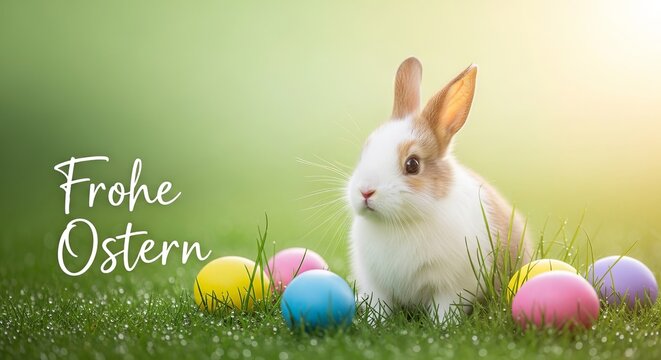 A cute white and brown bunny sitting in green grass with colorful Easter eggs and German text for Easter.