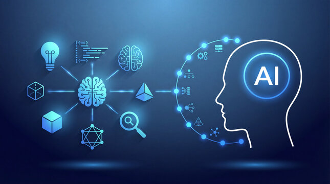 Artificial intelligence and machine learning concept featuring a glowing human head profile connected to a digital brain and technology icons on a blue background.