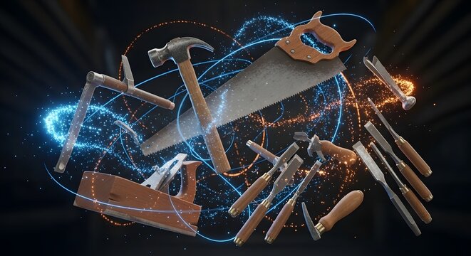 Vintage carpenter tools including a metal hammer, sharp hand saw and wooden plane float together in a professional equipment display