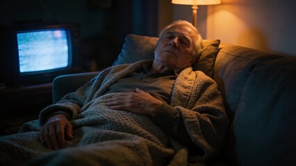 Fototapeta premium Senior man lying on couch holding stomach pain at night