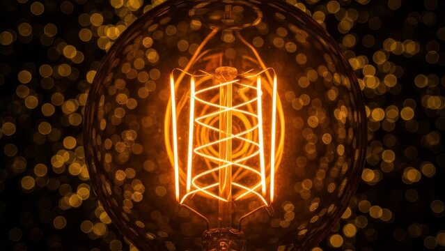 Glowing Edison bulb with warm golden bokeh background.