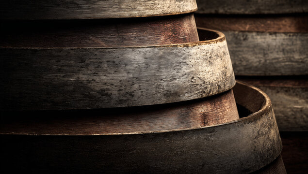 Weathered Oak Wine Barrels Stacked in Cellar for Premium Vineyard Aging Process and Traditional Winery Harvest Festival