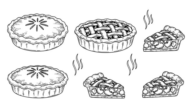 Minimal Black Line Art Apple Pie Set with Steam and Slices Vector Illustration for Bakery Menu Design