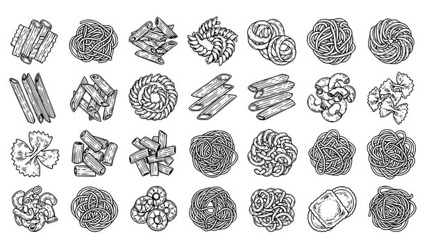 Big Collection of Hand Drawn Pasta Types Vintage Line Art Vector Illustration Isolated on White Background