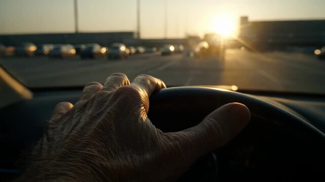 Reversing technique practice by an elderly person in a spacious lot during early morning light emphasizing hand positioning on the steering wheel.