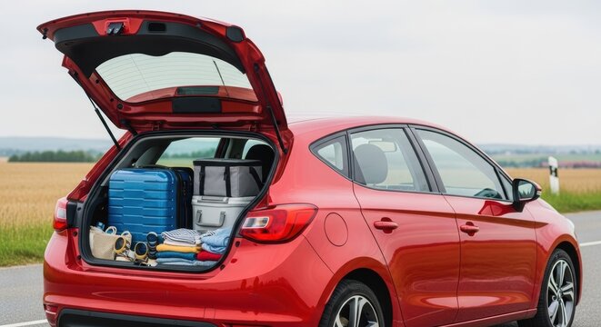 Red hatchback car with open trunk loaded with luggage for travel on a rural road