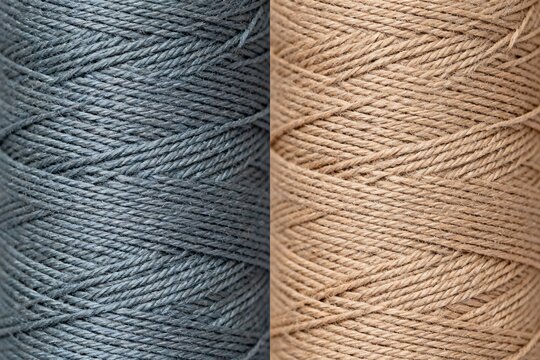 Macro woven fabric texture split vertically, slate blue gray and clay beige textile, identical weave pattern, clean flat lighting seamless background