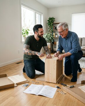 Father and Adult Son Laughing While Assembling Furniture
